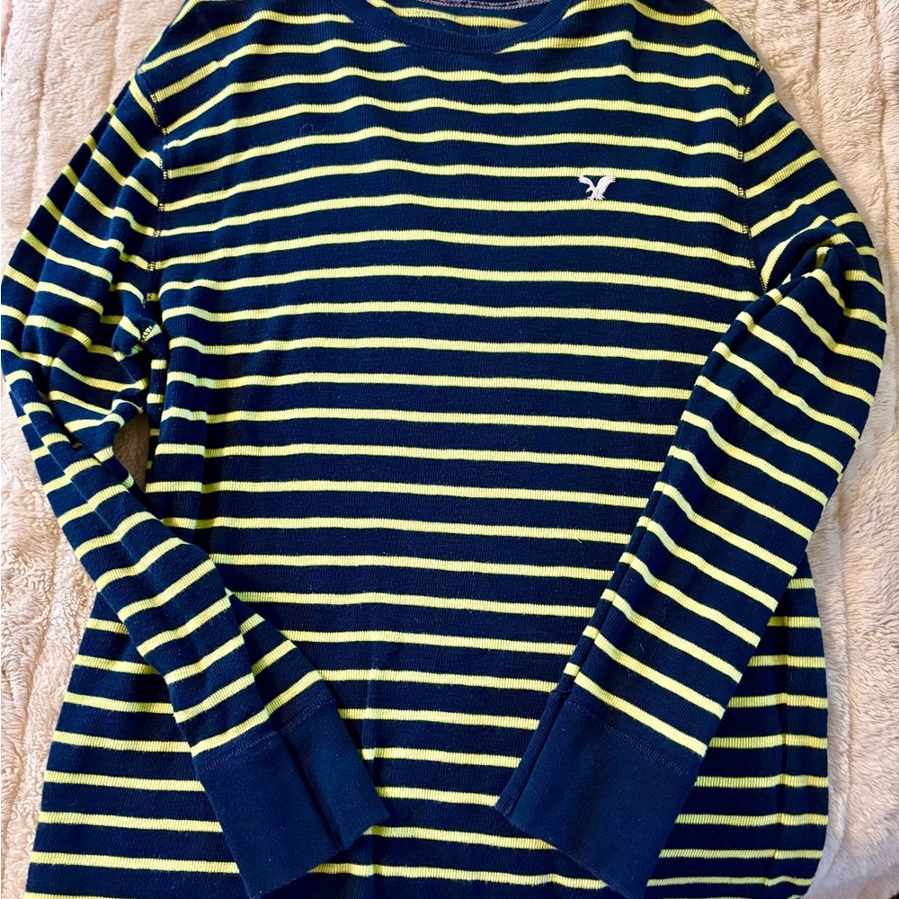 American Eagle Outfitters Navy and Lime Green Striped Crewneck Sweater